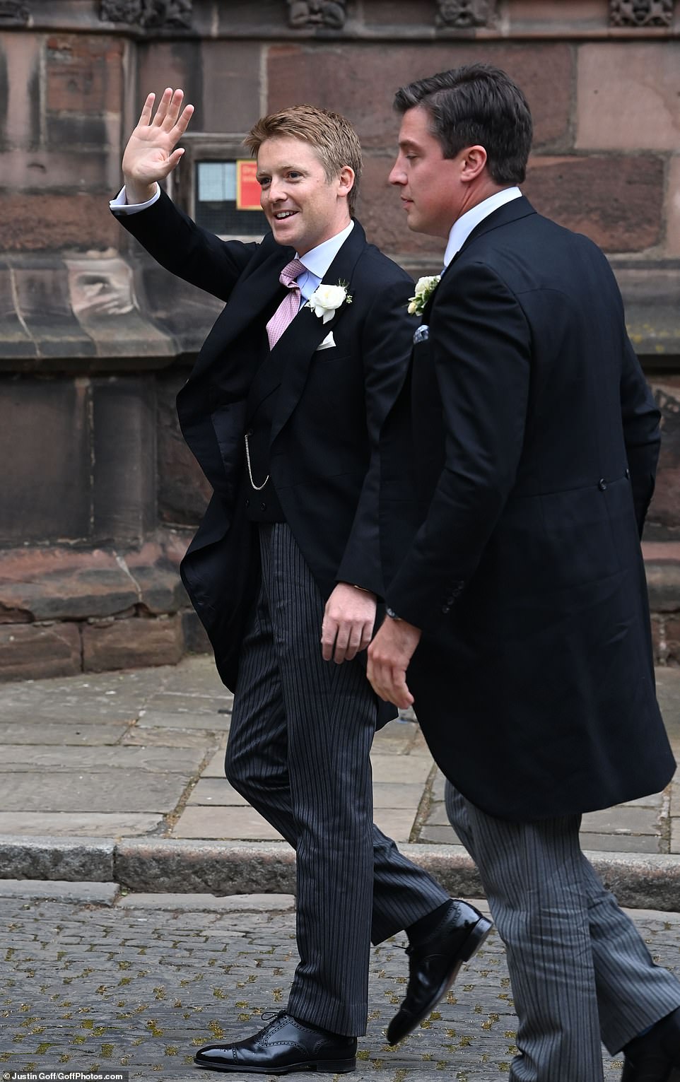 The groom, Hugh Grosvenor (left), arriving at Chester Cathedral for his wedding to Olivia Henson
