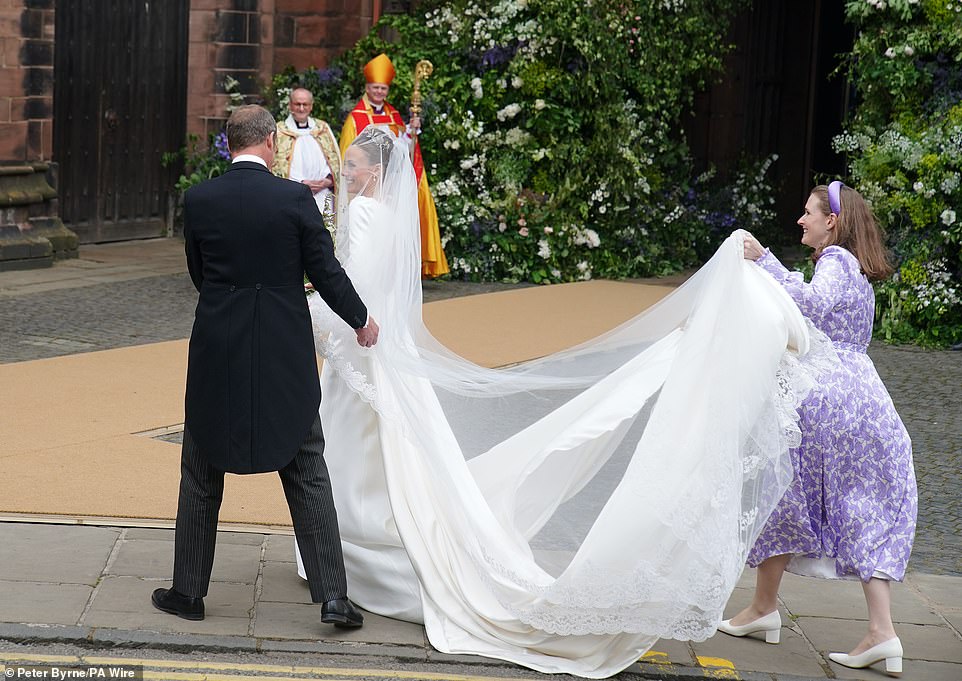 Olivia Henson arrives for her wedding to Hugh Grosvenor, the Duke of Westminster at Chester Cathedral