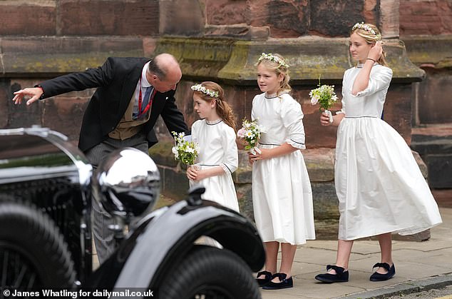 The bridesmaids arrive for the Wedding of The Duke of Westminster to Olivia Henson at Chester Cathedral