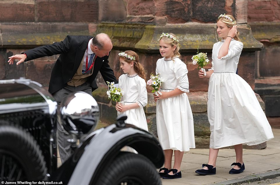 The bridesmaids arrive for the Wedding of The Duke of Westminster to Olivia Henson at Chester Cathedral