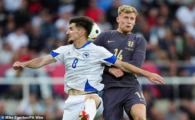 Branthwaite (right) impressed for Everton but was left out of England's Euro squad