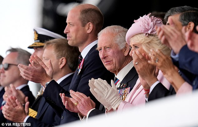 Prince William, King Charles III and Queen Camilla during Britain's national commemoration ceremony marking the 80th anniversary of D-Day in Portsmouth on June 5.