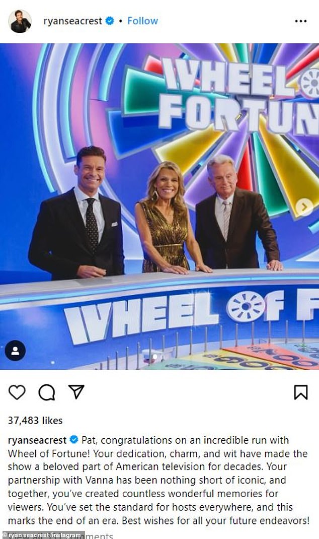 The 49-year-old American Idol host took to his Instagram on Saturday to share an emotional tribute to the 77-year-old longtime game show host, who said goodbye after 43 years on the game show.