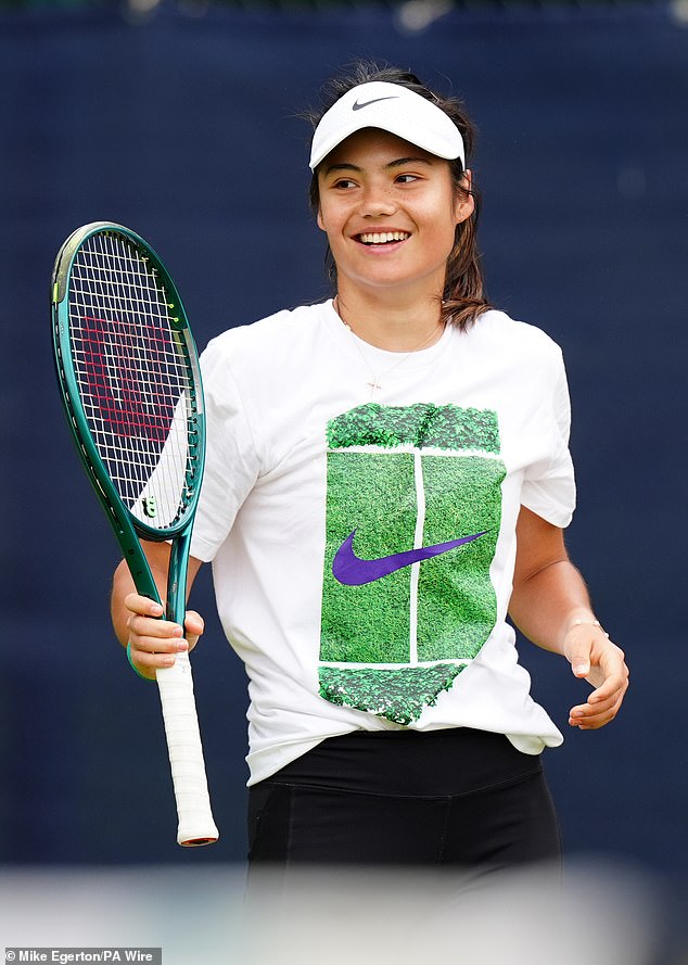 Emma Raducanu is all smiles as she takes to the court at the Rothesay Open – after splitting from her billionaire boyfriend Carlo Agostinelli