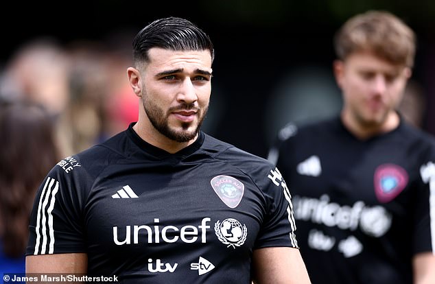 Tommy Fury leaves Mauricio Pochettino and Robbie Keane in hysterics as the boxer and ex-Love Island star miskicks while shooting – before rolling the ball in for a throw-in during a bumbling performance at Soccer Aid