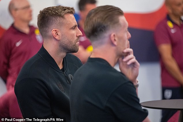 England players Luke Shaw and Jordan Pickford during the visit of the Prince of Wales today