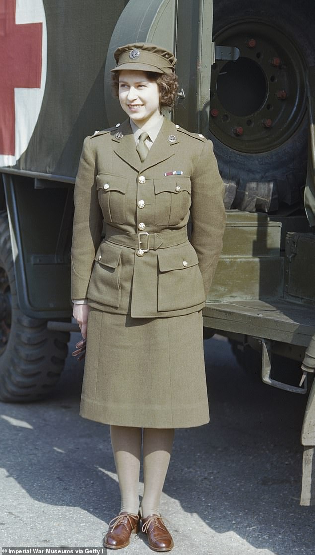 Princess Elizabeth stands in front of an ambulance in 1945, when she was serving in the Auxiliary Territorial Service