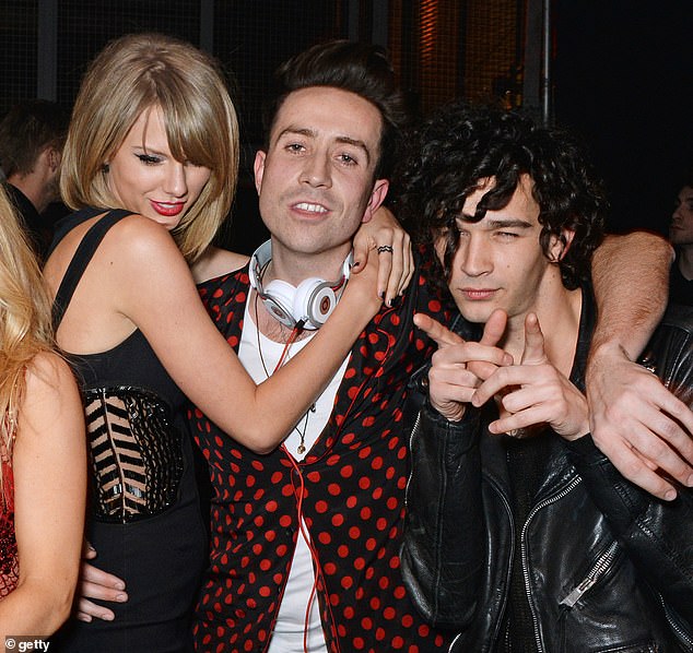 Taylor Swift (left) was first linked to The 1975 frontman (right) in 2014 and later in 2023, but they reportedly broke up after just a month of dating (pictured centre by Nick Grimshaw)