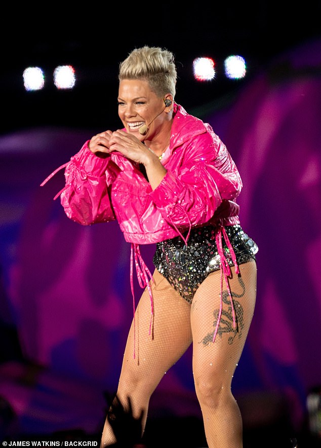 Pink wears a sparkly bodysuit on stage as she takes her Summer Carnival World Tour to Wales