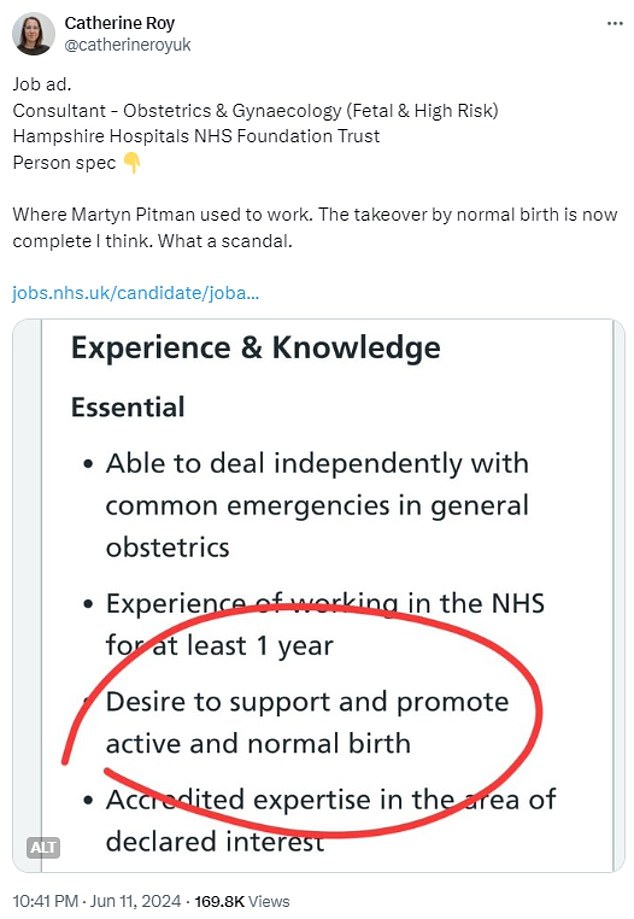 Hospital trust criticised last year for promoting ‘natural’ labour over C-sections under fire again after advertising for a maternity doctor with ‘a desire to promote normal birth’