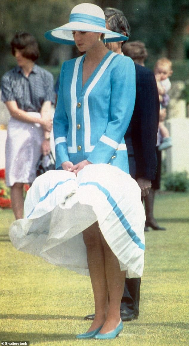 Princess Diana keeps her composure even with the wind lifting her waist up during a tour of Egypt in 1992