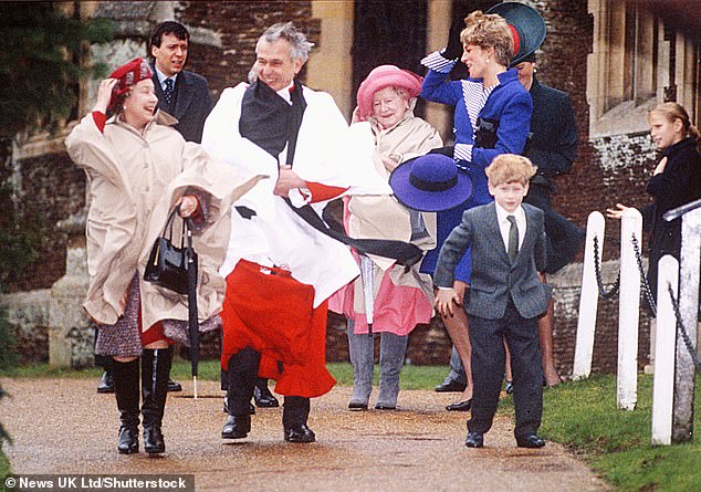 Queen Elizabeth, the Queen Mother and Princess Diana jump in the air and laugh after the Christmas Day service at Sandringham in 1990