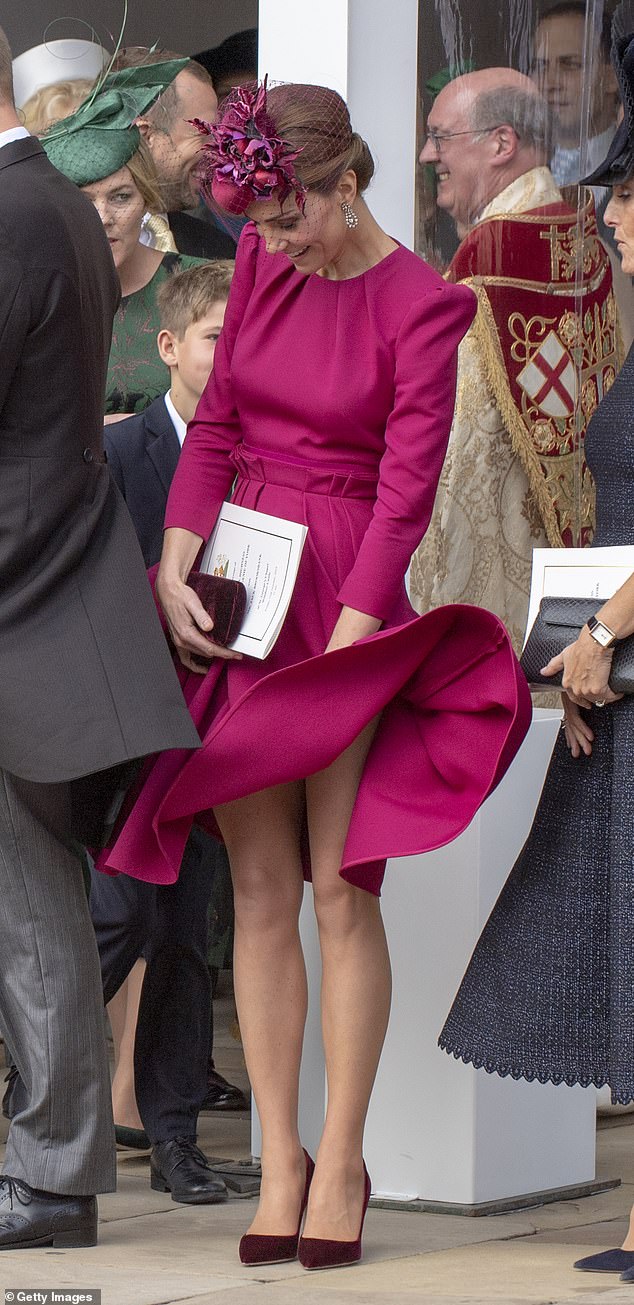 Catherine, Duchess of Cambridge, experiences a 'Marilyn moment' while attending the wedding of Princess Eugenie and Jack Brooksbank in 2018