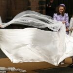 When the Duchess of Westminster had to hold on to her veil during a strong blast of wind and all the other times the Royal family have had to battle with the breeze – as these pictures show…