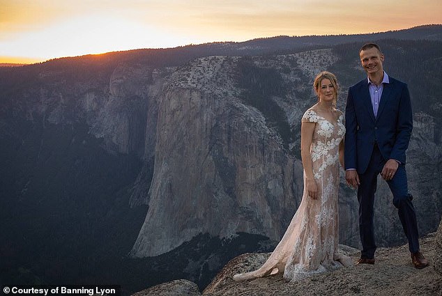 Banning married his wife Regina in 2017 atop the mountains at Yosemite - and Regina hiked three miles in her dress for the above shot. The couple now has a three-year-old daughter