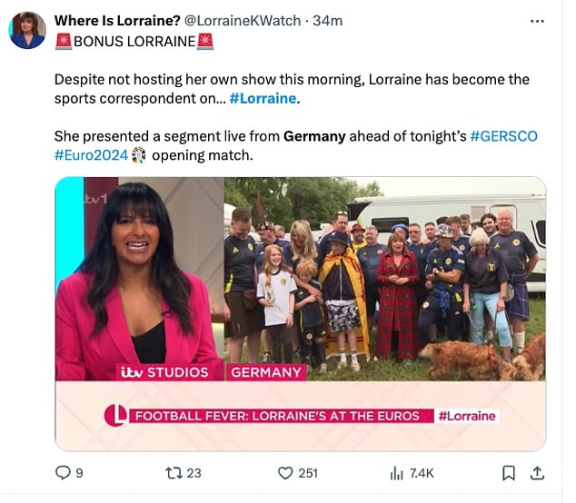 Lorraine's appearance on the show has peaked the interest of viewers, with an account set up on X to keep track of her appearances on the show
