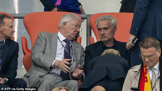 Man United on the agenda? Sir Alex Ferguson and Jose Mourinho spotted deep in conversation in the stands ahead of Euro 2024 opener between Germany and Scotland in Munich
