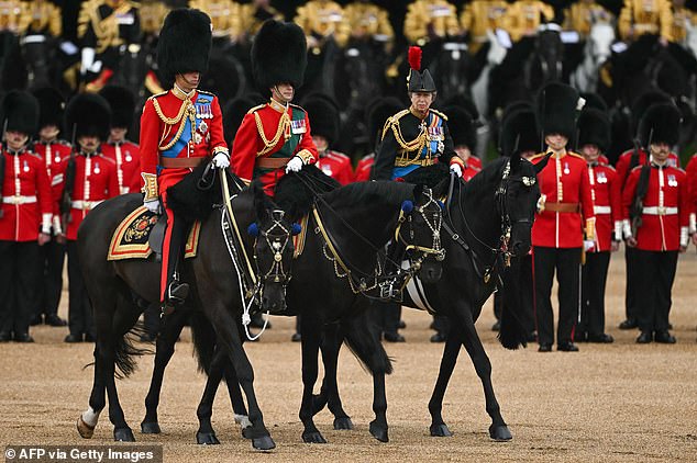 Prince William, Prince of Wales, Prince Edward, Duke of Edinburgh and Princess Anne, Princess Royal performing at Horse Guards Parade