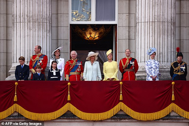 The Duke and Duchess of Edinburgh showed their popularity over the weekend when they worked their way through the pomp and pageantry of Trooping the Colour. Above: (from left) Prince George, Prince William, Prince Louis, Kate, Princess Charlotte, King Charles III, Queen Camilla, Sophie, Prince Edward, Lady Louise Windsor and Princess Anne on the Palace balcony on Saturday
