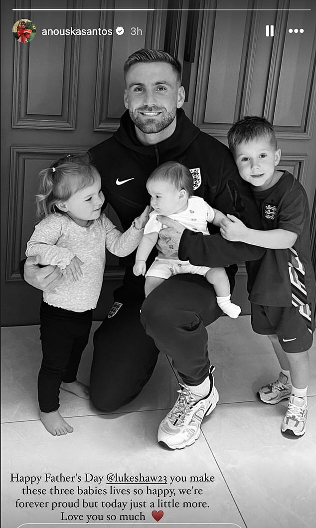 Luke Shaw's partner Anushka Santos shared a photo of him with their children, Ren (left), Story (right) and Lumi (centre), and said she would 'always be proud' of him