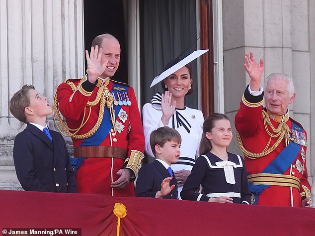 (Left to right) Prince George, Prince of Wales, Prince Louis, Princess of Wales, Princess Charlotte and King Charles III on the balcony of Buckingham Palace in London to watch the flypast following the Trooping the Colour ceremony.