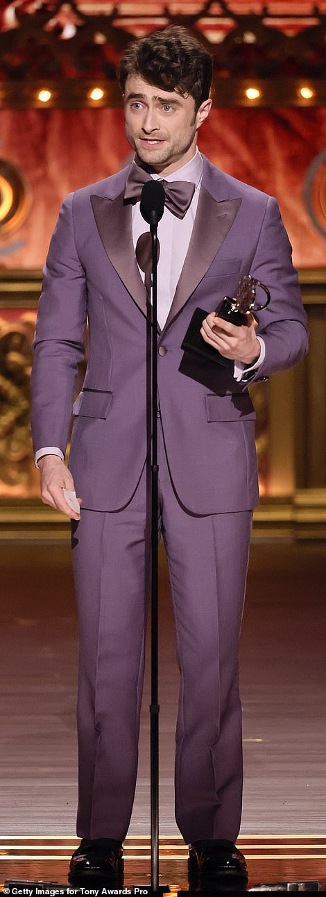 Daniel began his acceptance speech by saying: 'Thank you so much. Okay, I'm going to just talk fast and try not to cry. Thank you so much to the Broadway League and the American Theatre Wing for this unbelievable honor.'