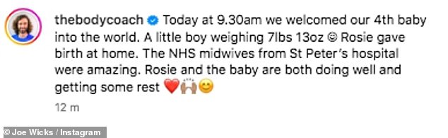 The Body Coach star and his lovely wife announced the happy news on Instagram on Monday with a beautiful photo of the newborn (along with six-year-old daughter Indie).