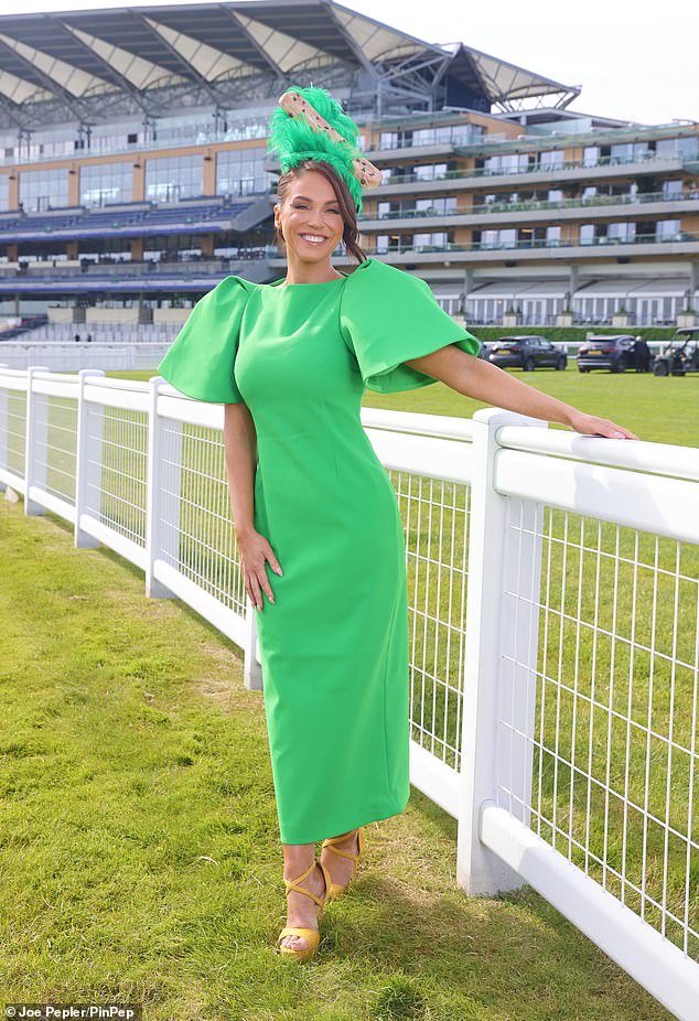 Vicky Pattison sports a stylish puff-sleeve dress and a wacky green fascinator with a giant cookie on it as she attends first day of Royal Ascot
