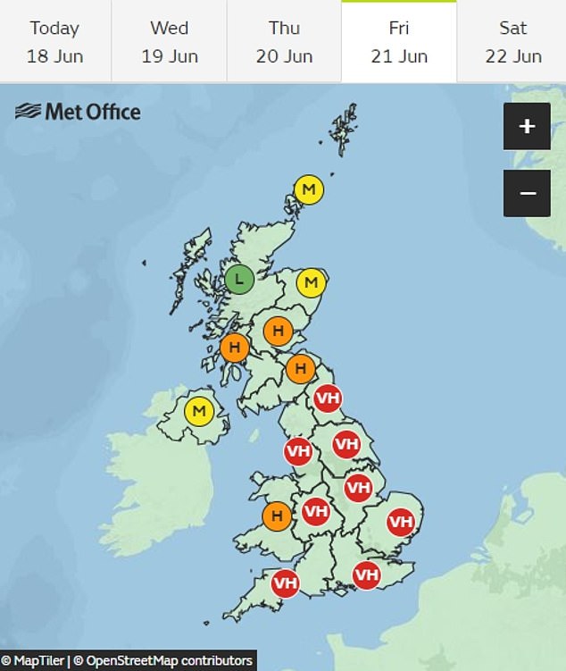 Met Office forecasts pollen levels will remain 'very high' until the weekend