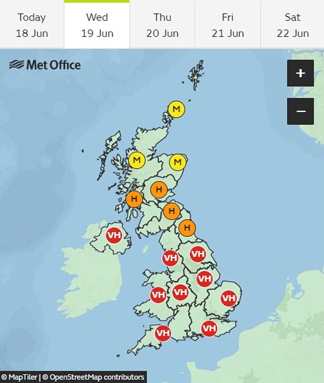 'Very high' pollen levels are set to move north as levels remain high across much of England, Wales and Northern Ireland through the week