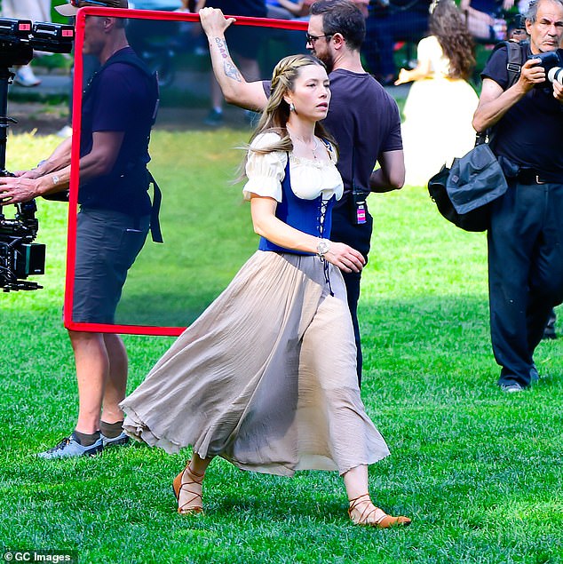 The singer's wife Jessica Biel is pictured here on location filming The Better Sister in Manhattan on Monday, just hours before his arrest