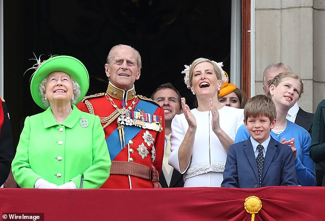 Sophie on the balcony of Buckingham Palace with the Queen and Prince Philip at Trooping the Colour in 2016