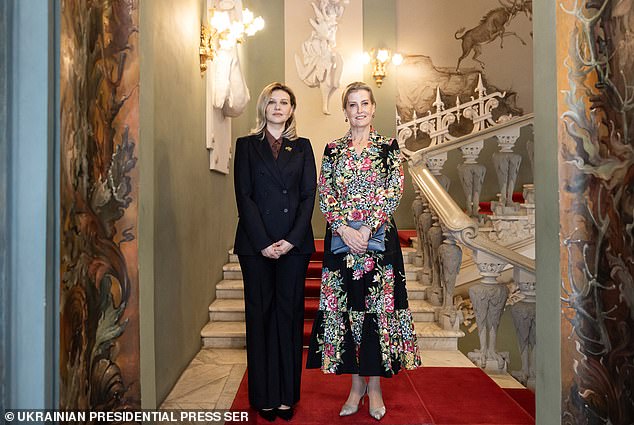 Sophie recently became the first member of the royal family to visit Ukraine since the Russian invasion. Above: Sophie stands next to Ukraine's First Lady Olena Zelenska in Kiev on April 29