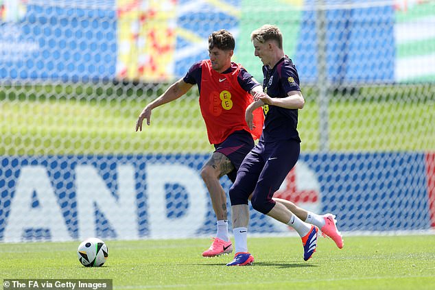 Anthony Gordon (right) is seen blocking John Stones during an England training session