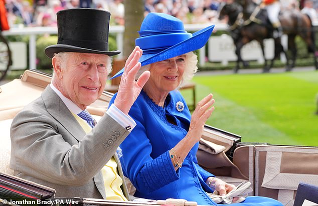King Charles and Queen Camilla were snapped waving at crowds as they arrive at Royal Ascot on Tuesday