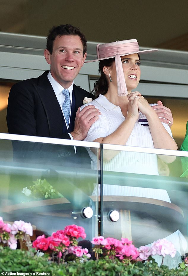 Hoping for a winner: Jack Brooksbank and wife Princess Eugenie look nervously on as their race begins