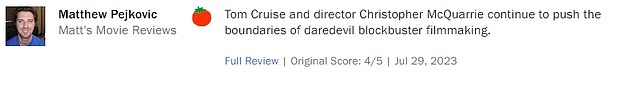 Nevertheless, Mission: Impossible - Dead Reckoning received great reviews from both fans and critics on Rotten Tomatoes.