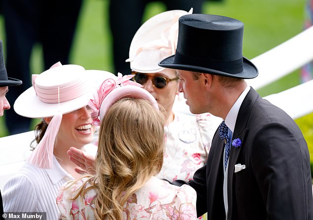 William (right) shares a joke with his younger cousin, Princess Eugenie (left), on day two of Royal Ascot