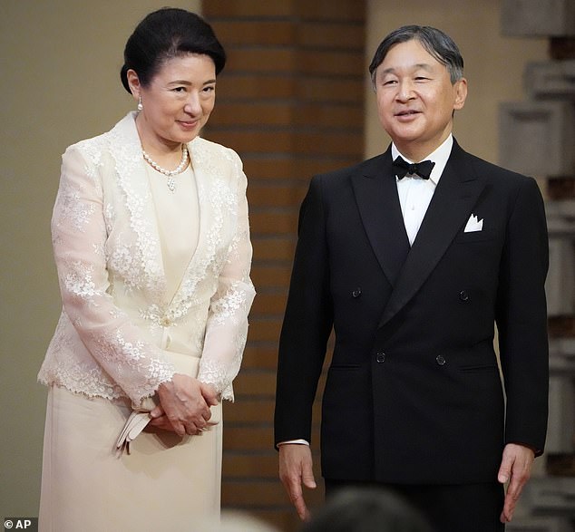 The Emperor, accompanied by his wife Empress Masako (both pictured), plans to travel to Britain on Saturday and stay there for eight days.
