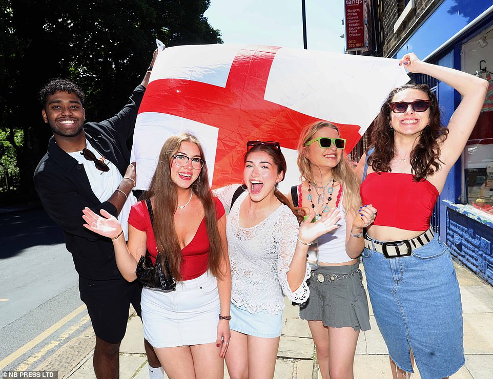 England fans in Leeds today ahead of the Euro 2024 group stage match against Denmark
