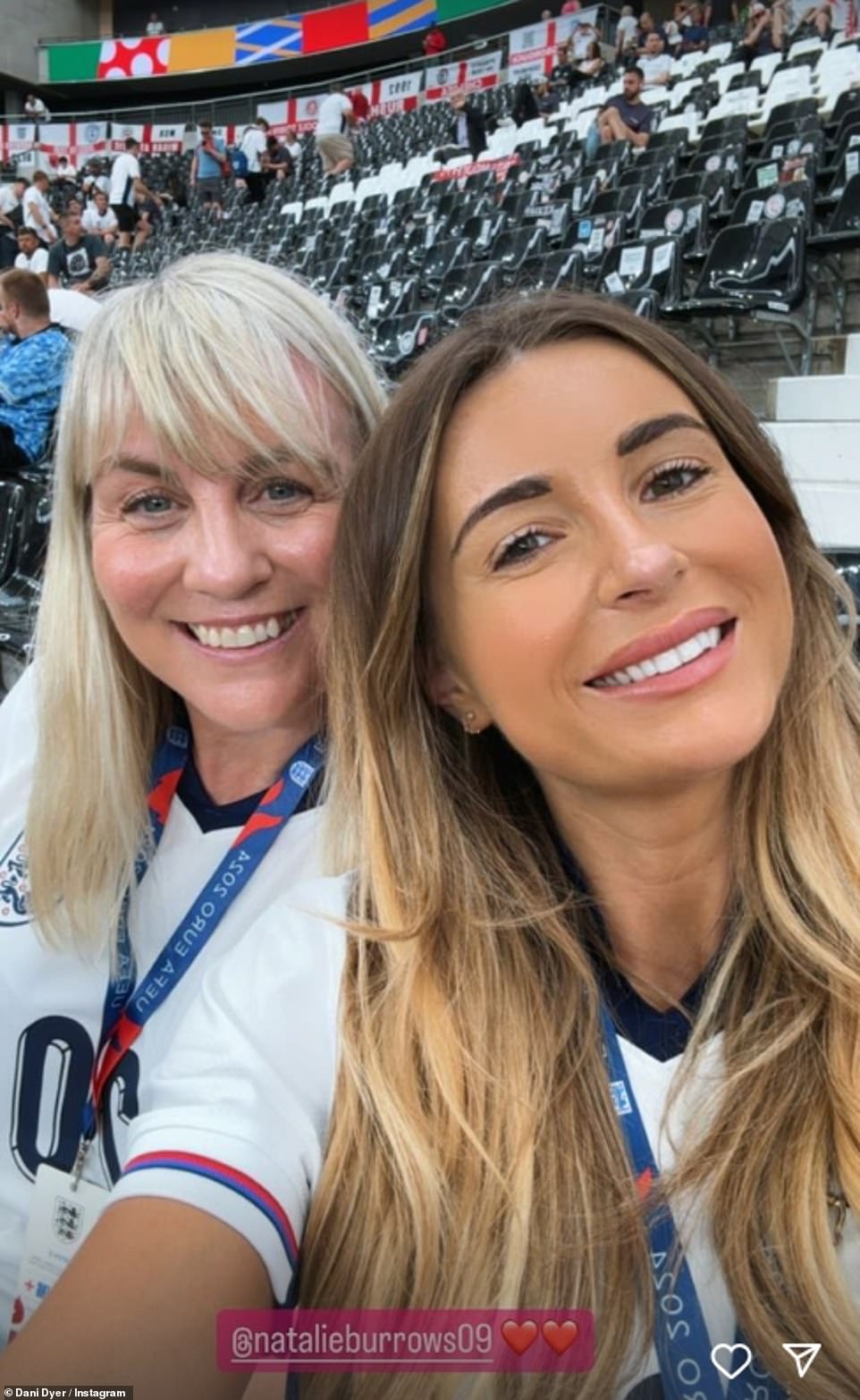 The players' glamorous wives and girlfriends shared updates to their respective Instagram accounts as they documented their trip and wished their partners good luck - pictured is Dani Dyer with partner Jarrod Bowen's mother