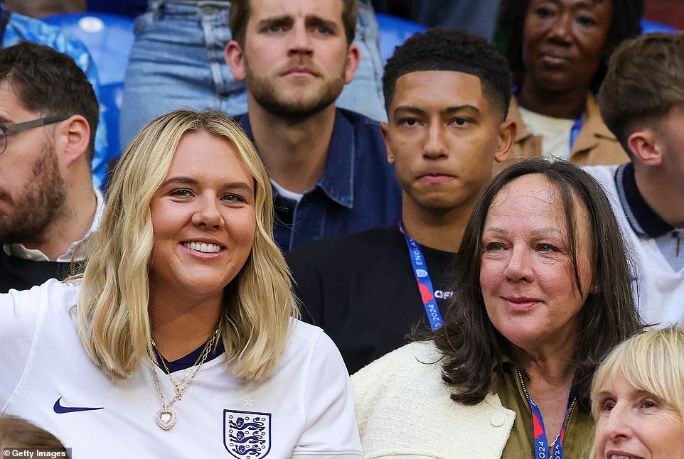 Kate Goodland, Harry Kane's wife, is seen sitting with the players' friends and families before the game against Denmark tonight