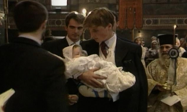A clip from 25 years ago shows William - aged 17 - in his heartthrob phase, with a head of thick hair and a strong jaw. The video also shows William holding the baby as he became a godfather