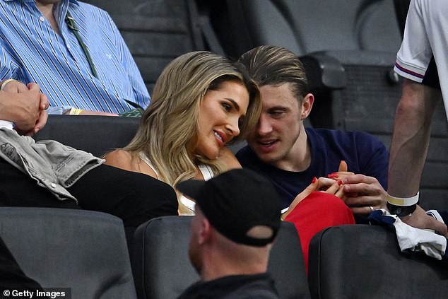 Conor Gallagher was seen talking to his partner Aine May Kennedy after the 1-1 draw between England and Denmark