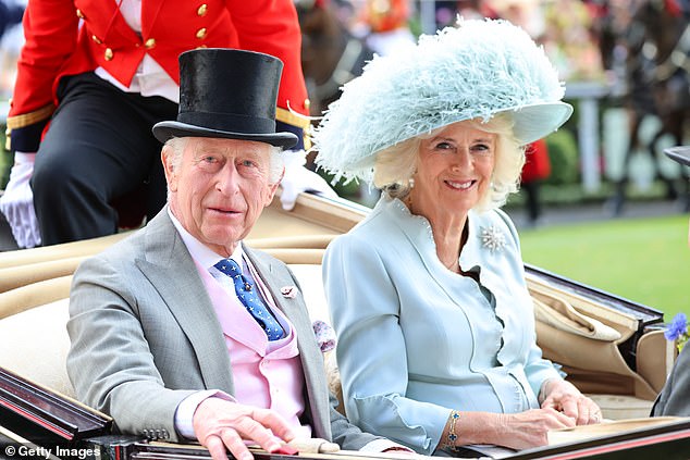 The King cut a dapper figure in a pale grey morning suit with a pink waistcoat, and Queen Camilla matched the monarch in the style stakes, wearing a light blue suit and a statement feathered hat at Royal Ascot on Friday