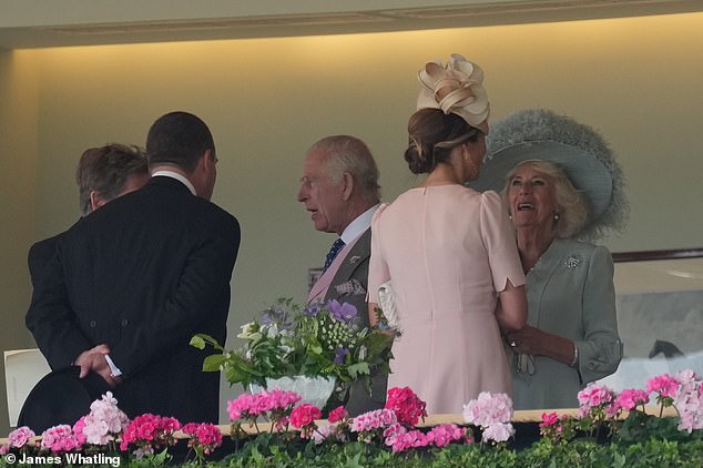 After an affectionate peck with her boyfriend, Harriet was spotted enjoying an animated chat with Queen Camilla