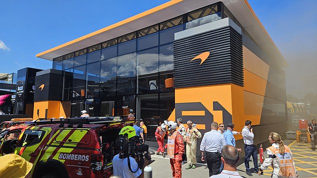 Lando Norris and McLaren staff evacuated from their motorhome due to FIRE at the Spanish Grand Prix ahead of today’s final practice session and qualifying… with the Brit’s race suits stuck inside!
