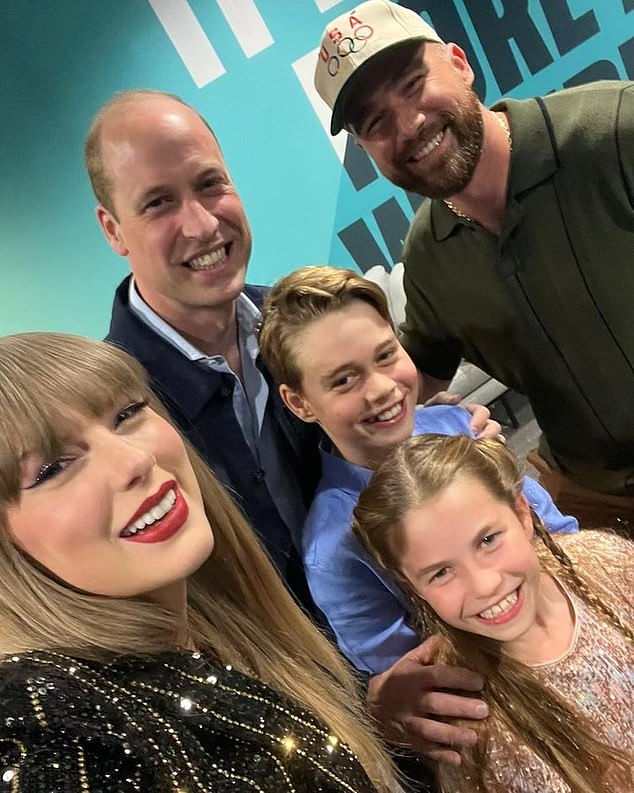 Taylor 'hard-launched' their relationship by posting an adorable photo of herself and Travis posing with the Prince of Wales and his two children - Prince George and Princess Charlotte