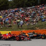 Charles Leclerc appears to COLLIDE with Brit Lando Norris during FP3 at the Spanish Grand Prix… as Ferrari star unleashes X-rated outburst after feeling held up behind McLaren driver