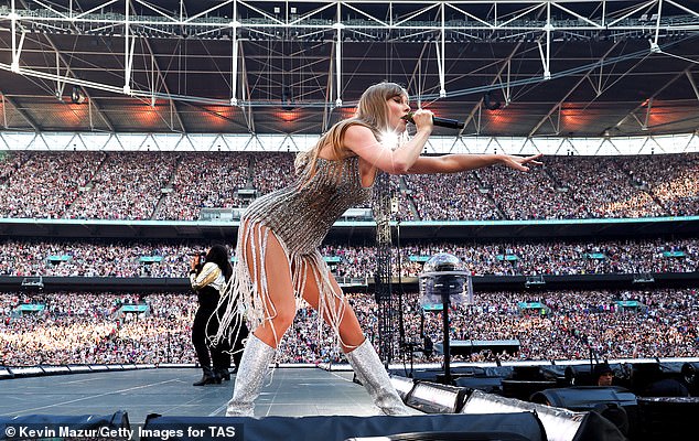 Taylor Swift performs on stage during her Eras Tour at Wembley Stadium on Saturday